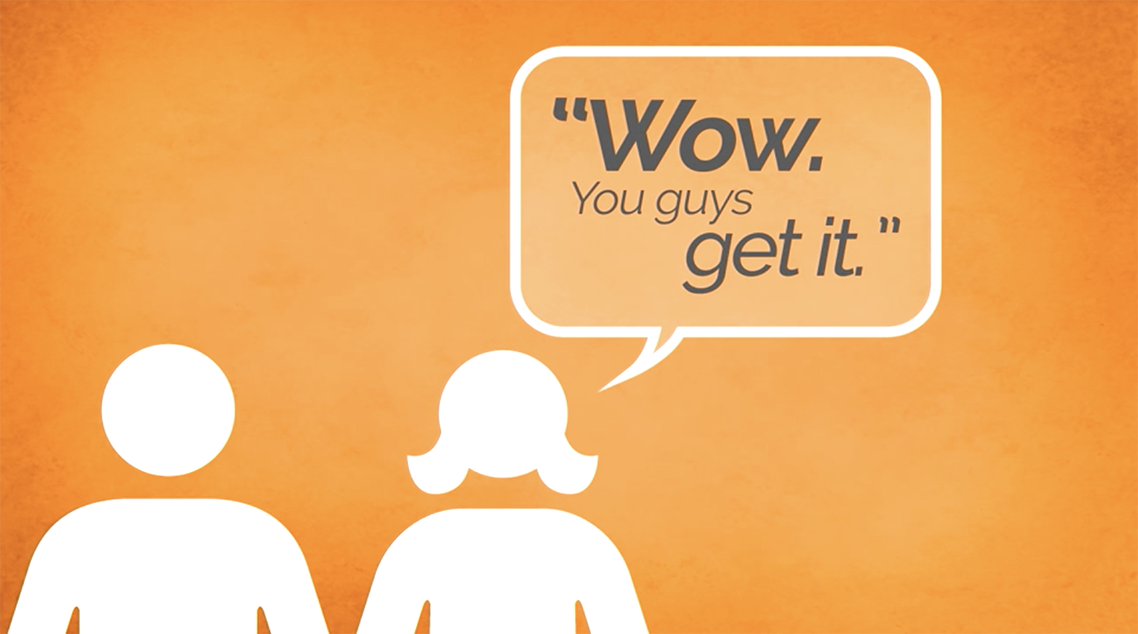 Bright orange image of figures saying "Wow, you guys get it."